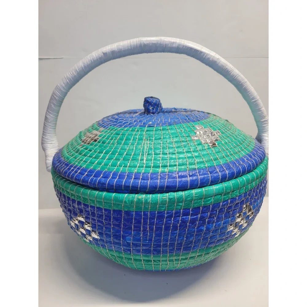 Hand Woven Round Basket with Lid and Handle Blue Green Decorative Storage Accent